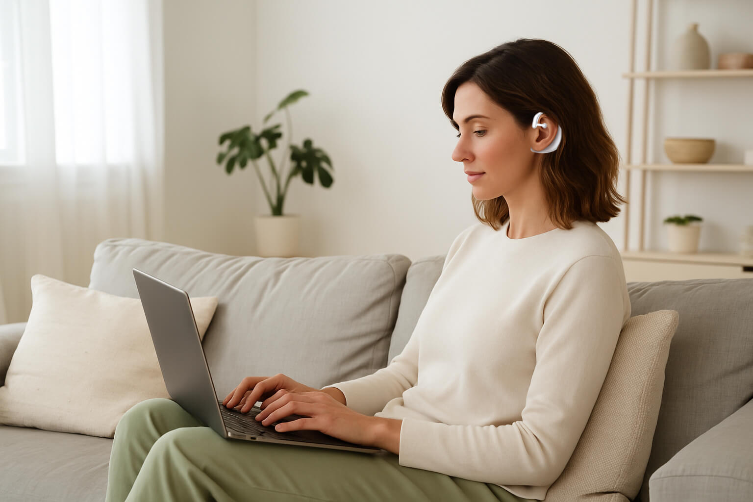 Woman working on laptop wearing Sona